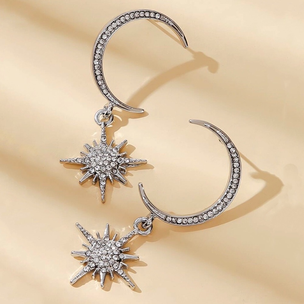 Silver & Crystal Crescent Moon w/Star Earrings - Picture 4 of 7